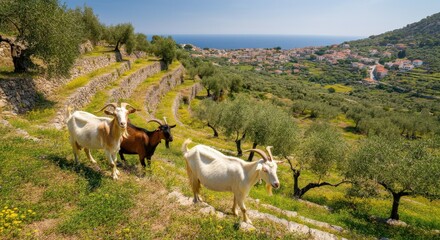 Fototapeta premium Goats grazing on mediterranean terrace with olive trees and sea view