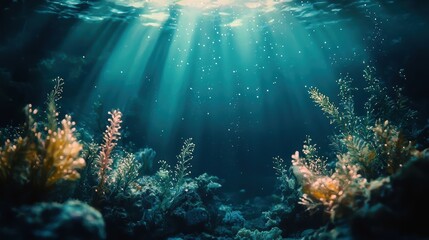 Fototapeta premium A serene underwater scene with sunlight filtering through water, illuminating vibrant coral and aquatic plants.