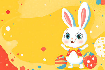 Obraz premium Bunny rabbit with Easter eggs on yellow background.