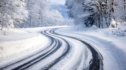 A winding road through a snowy landscape, surrounded by trees covered in frost.