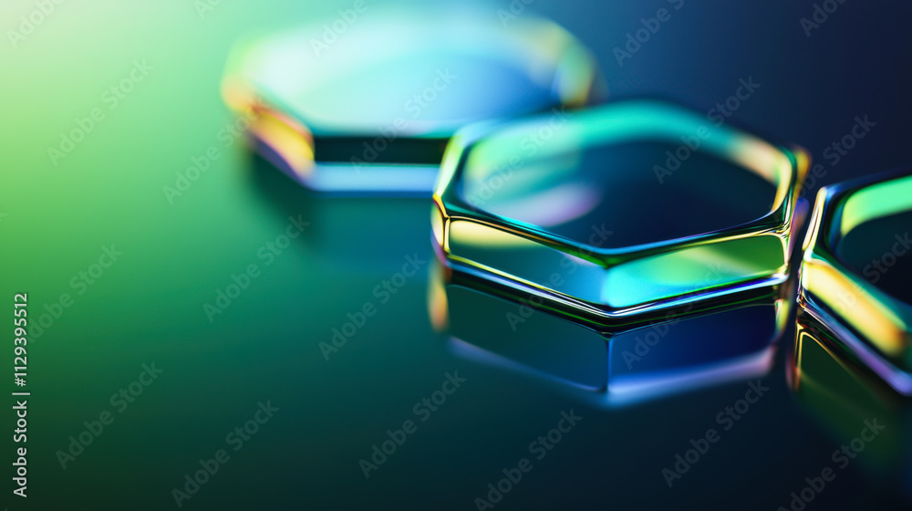 Poster shiny hexagonal metallic objects reflecting colorful light on a dark surface