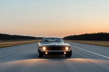 Obraz premium Classic muscle car on open road at sunset