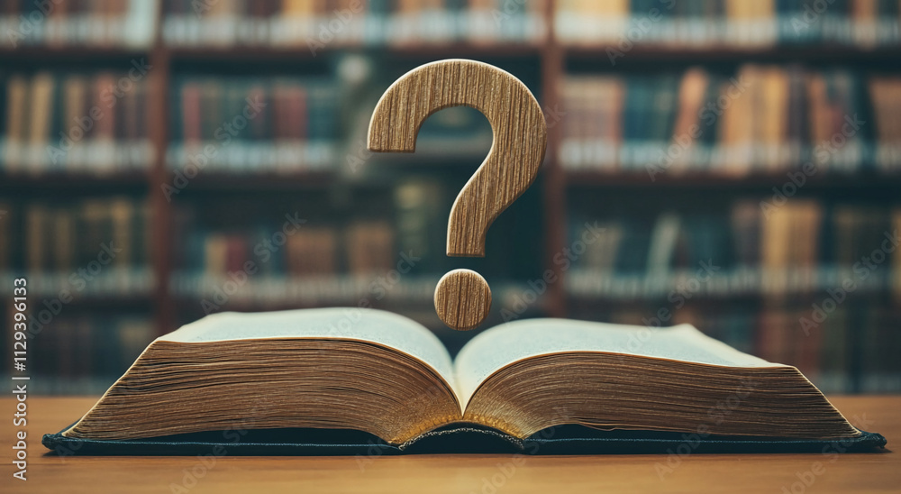 Poster Open book on a wooden table with a question mark above it in a library setting