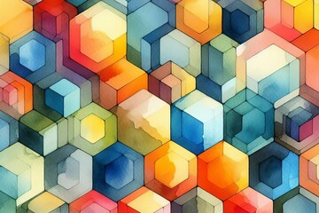 Obraz premium Colorful Hexagonal Geometric Pattern with Watercolor Texture