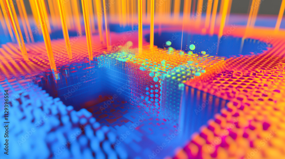 Poster colorful abstract representation of quantum computing processes in a futuristic setting