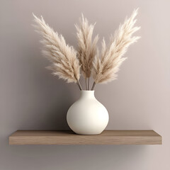 Pampas grass arrangement in a vase, minimalist decor, soft colors, modern shelf display, copy space
