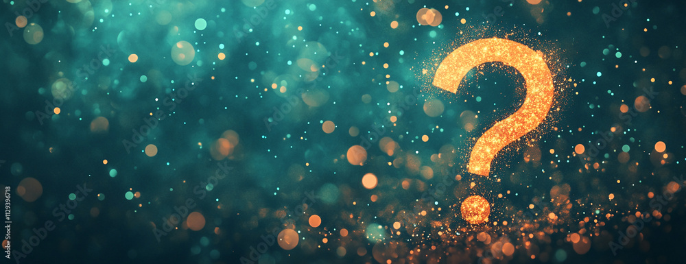 Poster sparkling question mark amidst shimmering bokeh lights creates an atmosphere of curiosity and wonder
