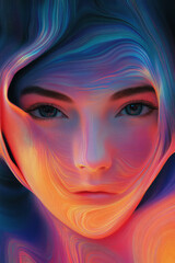 a woman ' s face with a colorful background