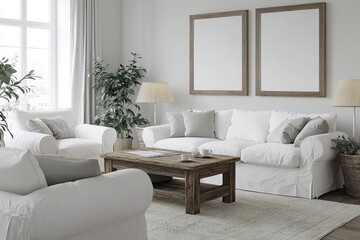 Fototapeta premium An elegant Scandinavian space with a white sofa, a wooden coffee table, and a 3D poster frame, crafted for an advertising display.