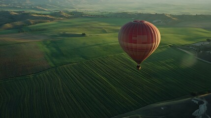 Obraz premium A vibrant hot air balloon floats over lush green fields at sunrise.
