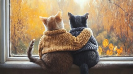 A pair of adorable cats in sweaters snuggle together by a window, gazing at a beautiful autumn landscape, evoking warmth, friendship, and tranquility.