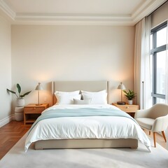 Modern Luxury Bedroom Interior with Elegant Grey Bed, Wooden Nightstands, and Minimalist Decor