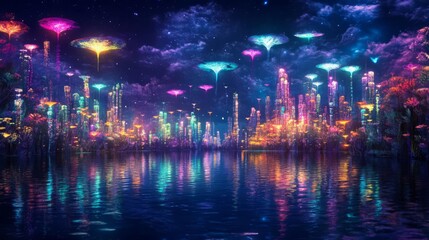 Futuristic cityscape with vibrant colors reflected.