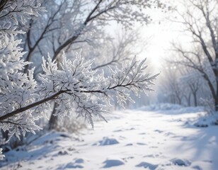 Fototapeta premium White frost on branches and leaves in a snowy landscape, white, leaves, frost
