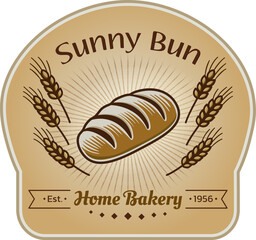 Vector logo design for bakery shop. Homemade bread and sun rays . Vector illustration in brown and beige tones. 