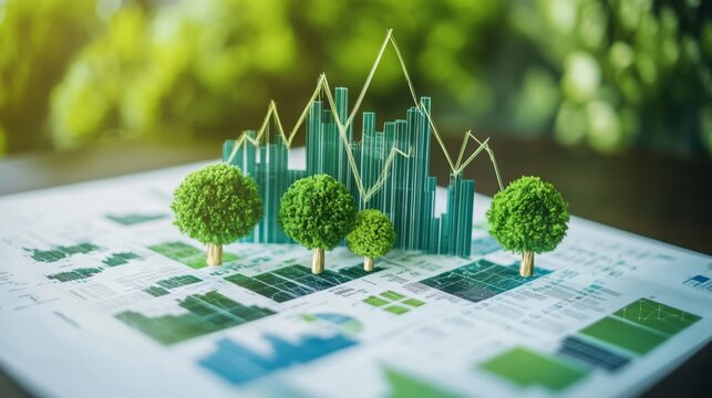 A series of miniature trees and green bars symbolize sustainable finance.