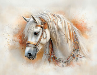 Elegant White Horse with Ornate Beaded Halter and Flowing Mane in Soft Artistic Setting
