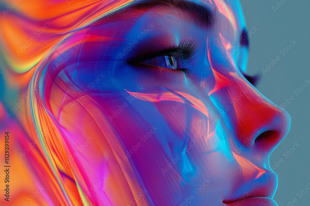 Poster a woman ' s face with a colorful abstract background