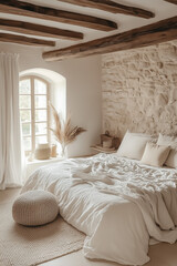 Fototapeta premium Minimalist Cozy Bedroom with Natural Earthy Elements and Autumn Light