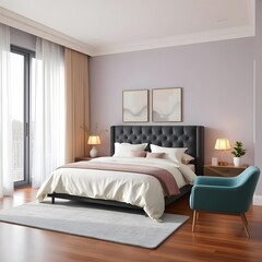 Modern Luxury Bedroom Interior with Elegant Grey Bed, Wooden Nightstands, and Minimalist Decor