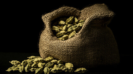 Cardamom pods spilling from a small jute sack onto a black background, creating contrast.