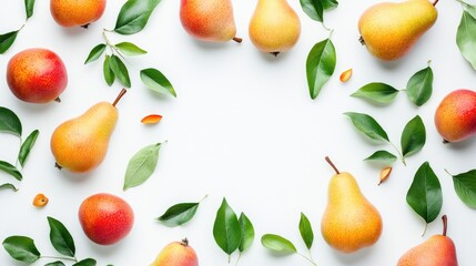 Obraz premium Assorted ripe pears and green leaves arranged on a white background creating a fresh and vibrant frame for food photography.