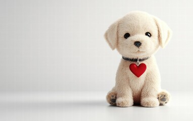 A playful puppy plush toy sitting upright with a heart-shaped tag on its collar, surrounded by subtle soft lighting on white