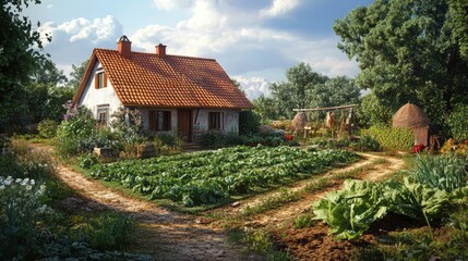 Charming rural house surrounded by a lush vegetable garden under a bright sky with trees and agricultural elements in a serene setting