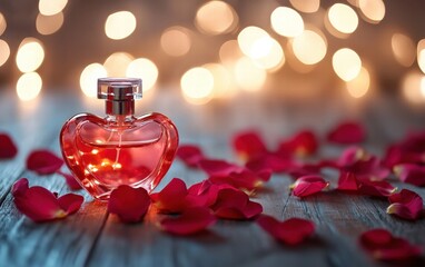 A romantic perfume display with rose petals and heart-shaped decorations for valentines day