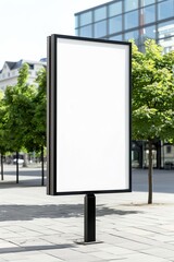 Modern blank shop sign display in urban setting with greenery surrounding