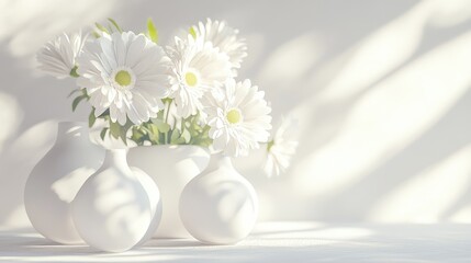 Elegant still life composition featuring white flowers in modern vases against a soft neutral background with gentle light accents.