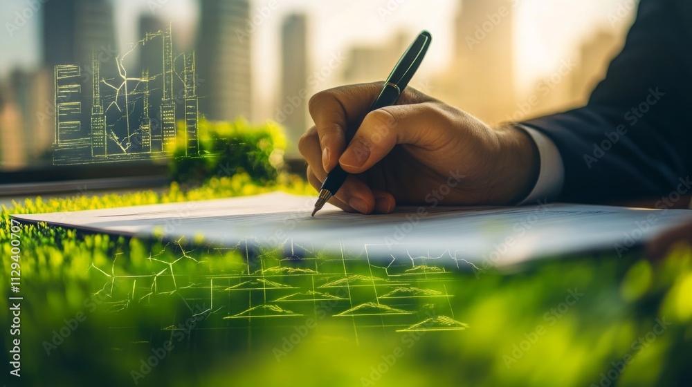Aufkleber a person writes on paper surrounded by greenery, symbolizing the integration of sustainable finance 