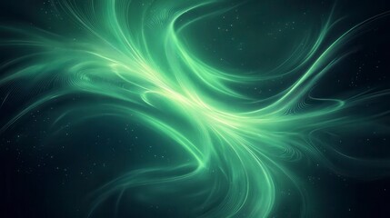A mesmerizing abstract design featuring flowing green light patterns against a dark background, evoking a sense of motion and depth.