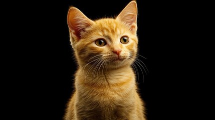 Fototapeta premium Portrait of a curious orange kitten showcasing vibrant fur against a black background for captivating feline imagery.