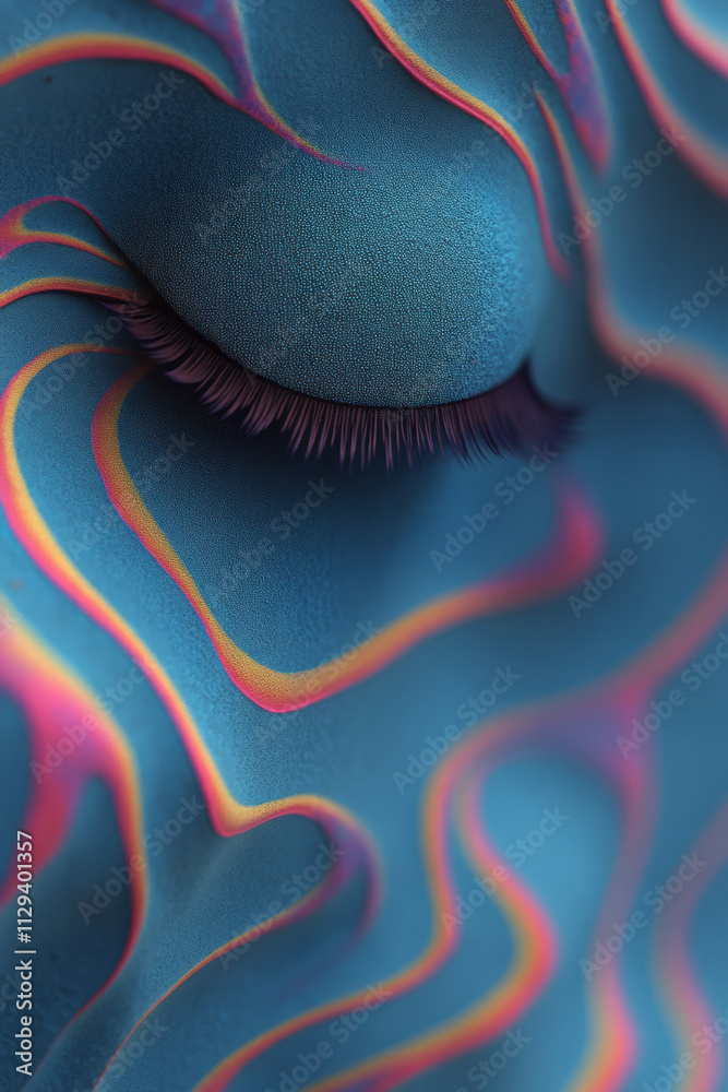 Poster a close up of a woman ' s eye with a colorful pattern