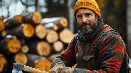 A man with a yellow hat and beard is sitting in front of a pile of logs