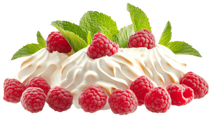 Light meringue topped with raspberries and fresh mint