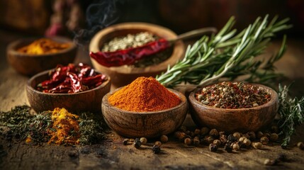 Fototapeta premium Assorted colorful spices in wooden bowls with fresh rosemary sprigs creating a rustic kitchen ambiance for culinary inspiration.