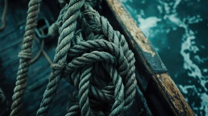 Close up of intertwined ship ropes on a wooden deck with ocean water in the background, capturing nautical textures and maritime themes.