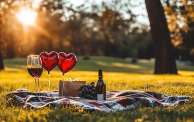 A romantic picnic setup with blankets heart-shaped balloons and wine in a grassy park for valentines day