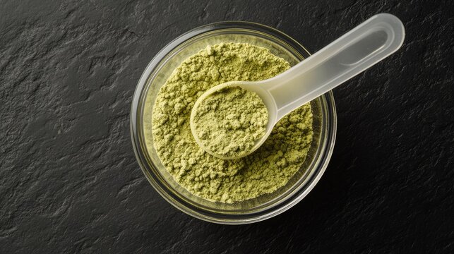 Guar gum powder in glass bowl with plastic measuring spoon top view food additive E412 thickening agent for dairy products and texture improvement