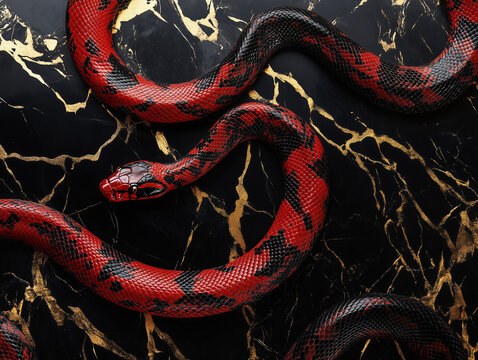 black red snake beautiful on the black gold marble background