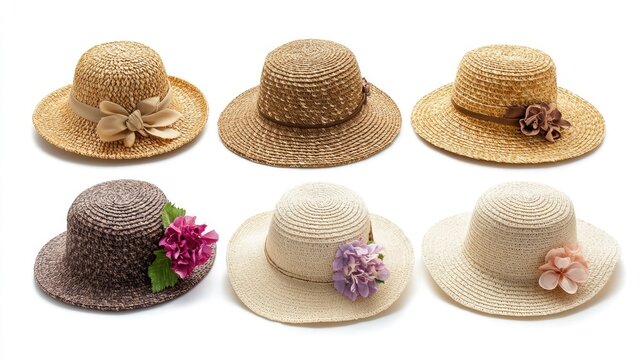 Colorful straw hats for women decorated with flowers arranged on a white background showcasing stylish summer fashion accessories