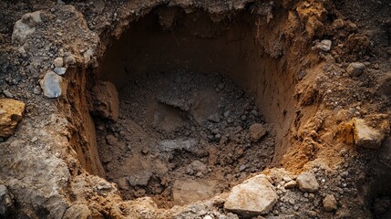 Excavation site showing a deep hole in the ground surrounded by rocks and soil demonstrating the process of earth excavation and digging.