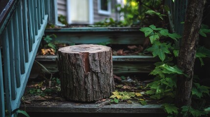 Naklejka premium Stump on a balcony surrounded by greenery with wooden steps in a cozy outdoor setting