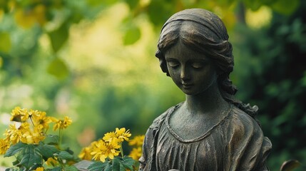 Fototapeta premium Serene Bronze Statue Surrounded by Yellow Flowers in Lush Garden Setting