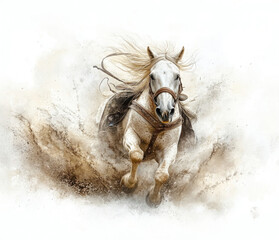 Dynamic White Horse Running Through Dust and Sand in Action-Packed Scene
