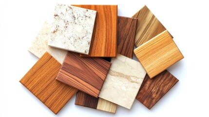 Interior design material samples featuring travertine ceramic tile, white marble, quartz, and various wooden floorings on a white background