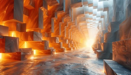 A long tunnel with a bright light shining through it