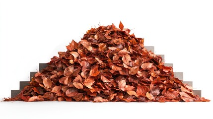 Piled dry autumn leaves on staircase with isolated white background creating a seasonal and natural decor atmosphere.